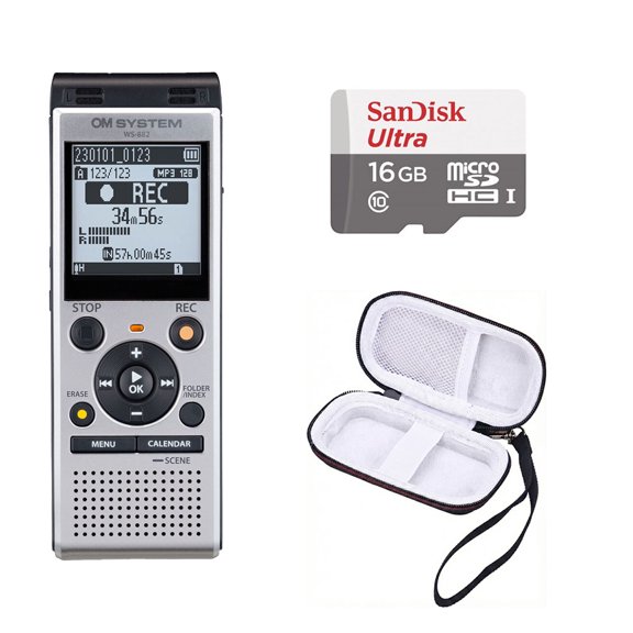 Olympus OM System WS-882 Digital Voice Recorder Silver/Black w/ Case + 16GB Memory Card