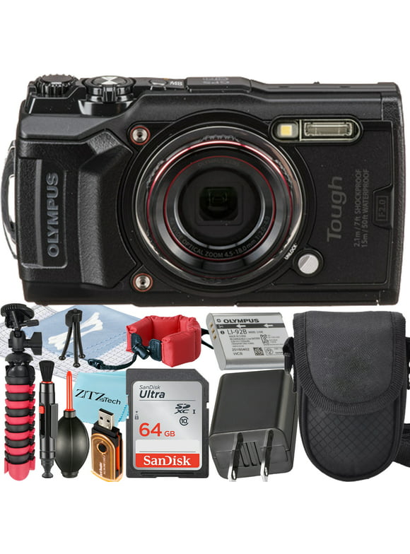 Olympus Tough TG-6 Digital Camera (Black) + SanDisk 64GB Memory Card + Case + Tripod + ZeeTech Accessory Bundle (Advanced Kit)