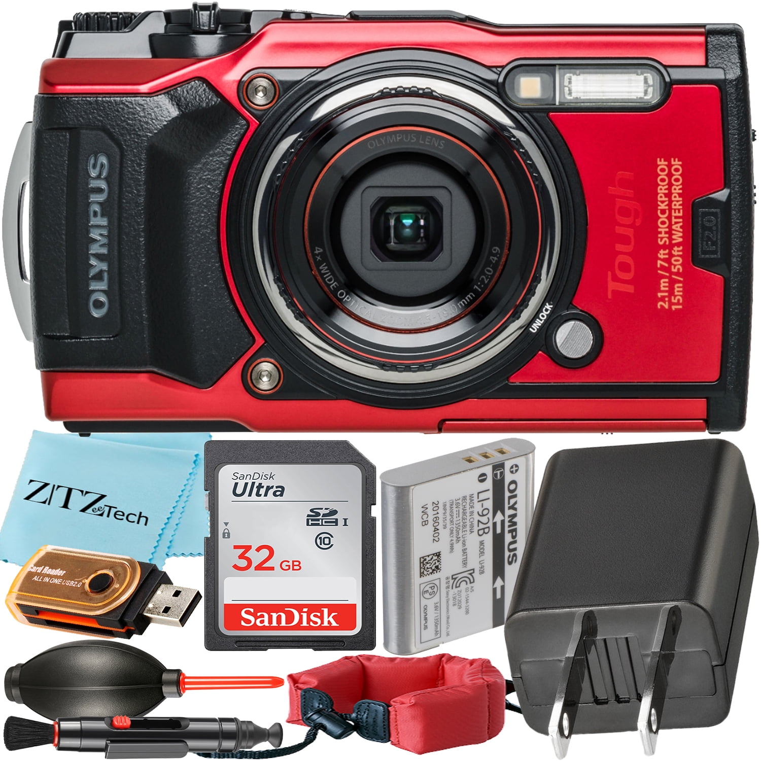 Appareil photo étanche Olympus Tough TG-6 (rouge) - Pack Aventure - Avec 2  piles supplémentaires + sangle flottante + carte mémoire Sandisk 64 Go