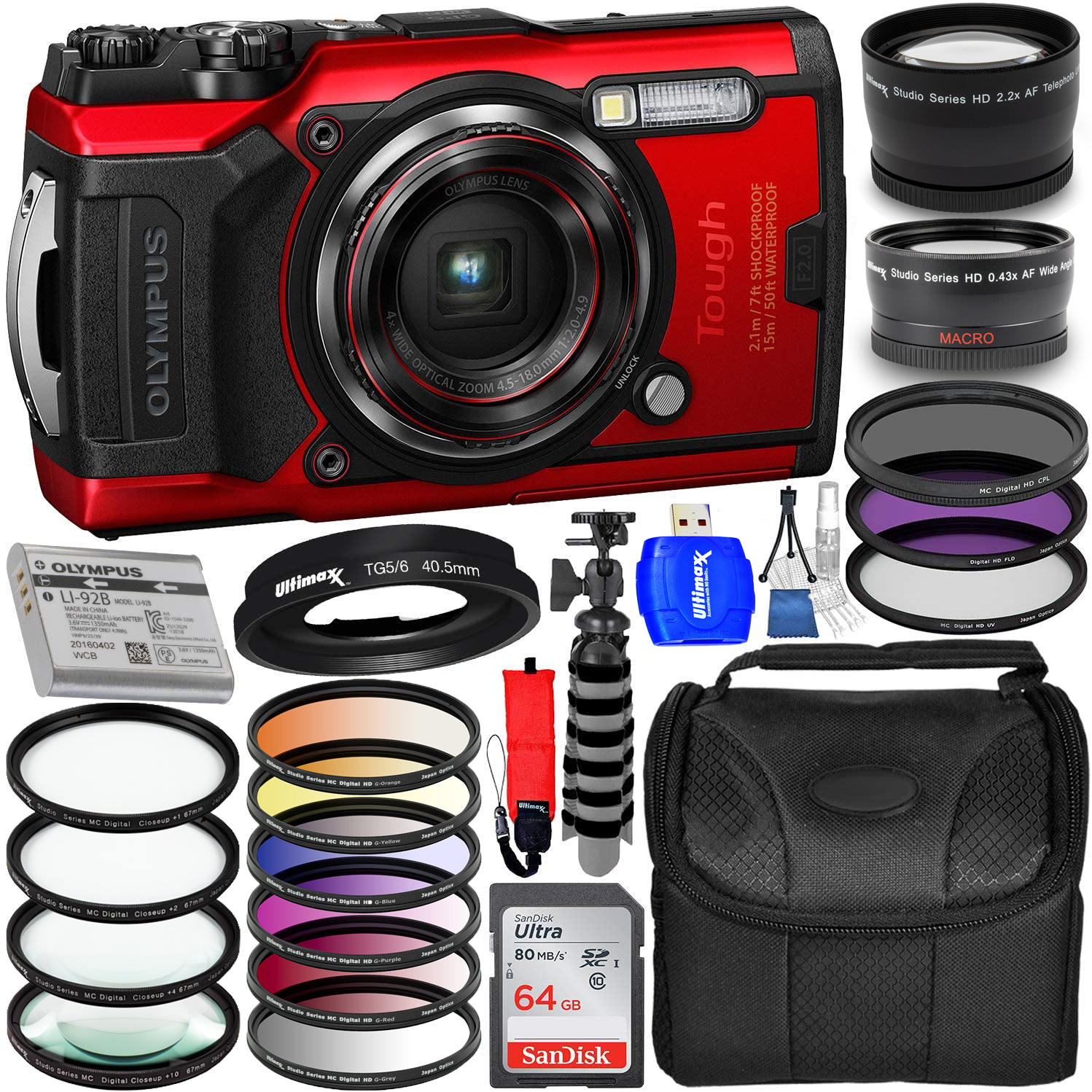 Olympus Tough TG-6 Digital Camera (Red) V104210RU000 + 64GB + Filter Kit Bundle - image 1 of 7
