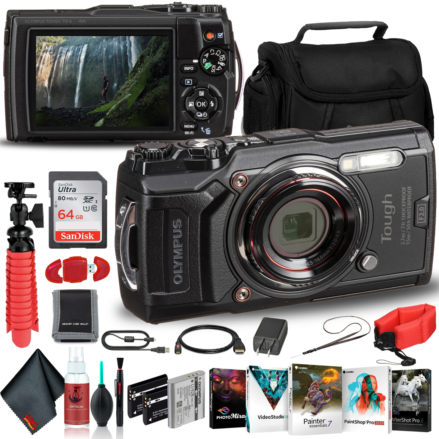 Olympus Tough TG-6 Waterproof Camera (Black) - Adventure Bundle - With 2 Extra Batteries + Float Strap + Sandisk 64GB Ultra Memory Card + Padded Case + Flex Tripod + Photo Software Suite + More - image 1 of 7