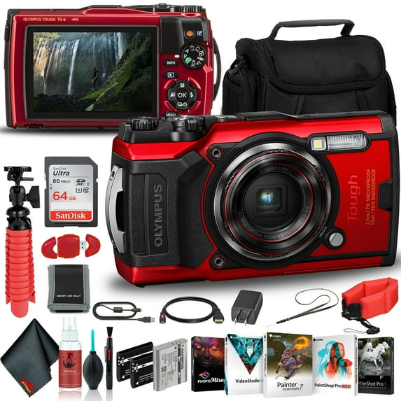 Olympus Tough TG-6 Waterproof Camera (Red) New - Wi-Fi with Extra Batteries, Float Strap, and More