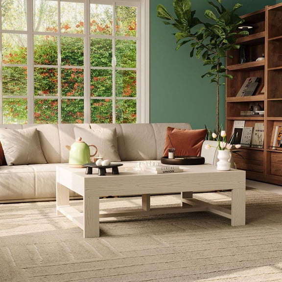 Olyra 47 Minimalist Wood Coffee Table, Modern Center Cutout Display, Thickened Support Frame, Scratch-Resistant Surface & Non-Slip Pads Easy Assembly Accent Table for Living Room