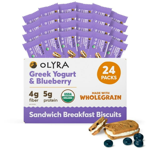 Olyra Greek Yogurt Blueberry OKA4 Sandwich Breakfast Biscuits, Healthy Snacks for Adults and Kids, Low Sugar, High Fiber, Organic Cookies, USDA Certified Organic, Non GMO, 24 Packs
