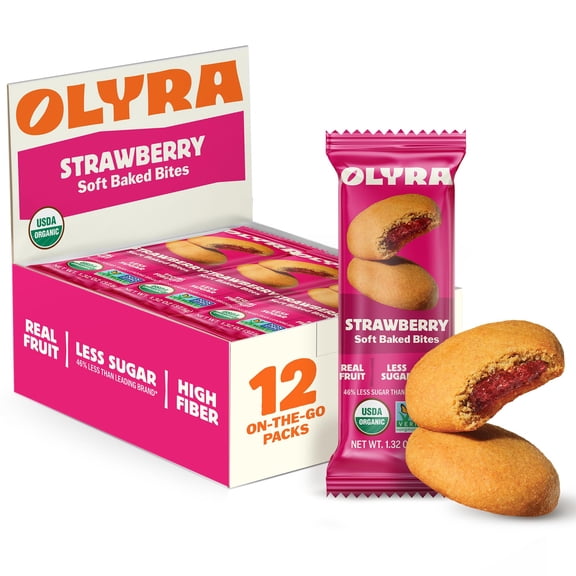 Olyra Strawberry Soft Baked, BCF26 Prebiotic High Fiber Organic Snacks, Healthy Snacks for Adults and Kids, Low Sugar, Vegan, Office Breakfast Bars, USDA Certified Organic, Non GMO (Pack of 12)