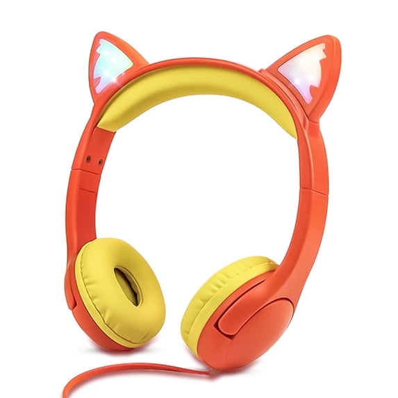 Olyre Cat Ear Kids Wired Headphones with Microphone, 85dB Volume Limiting Headset, RGB Lighting & Share Port for Tablet, Laptop, PC - Orange