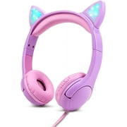 Olyre Cat Ear Kids Headphones Wired with Microphone,Safe 85db Volume Limited Children Headphones with RGB Dynamic Lighting and Share Function for Boys Girls for Kids Tablet Laptop Purple