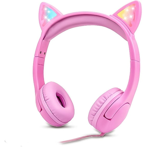 Olyre Cat Ear Kids Headphones Wired with Microphone,Safe 85db Volume Limited Children Headphones with RGB Dynamic Lighting and Share Function for Boys Girls for Kids Tablet Laptop Pink