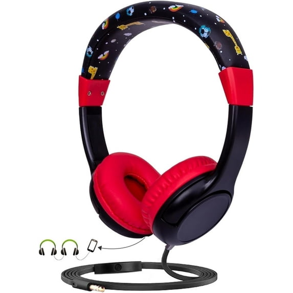 Olyre Toddler Headphones Wired with 85dB Safe Volume Limiter and Sharing Function, Adjustable Kids Headphones with Cord for Baby Boys and Girls for School Travel Black/Red