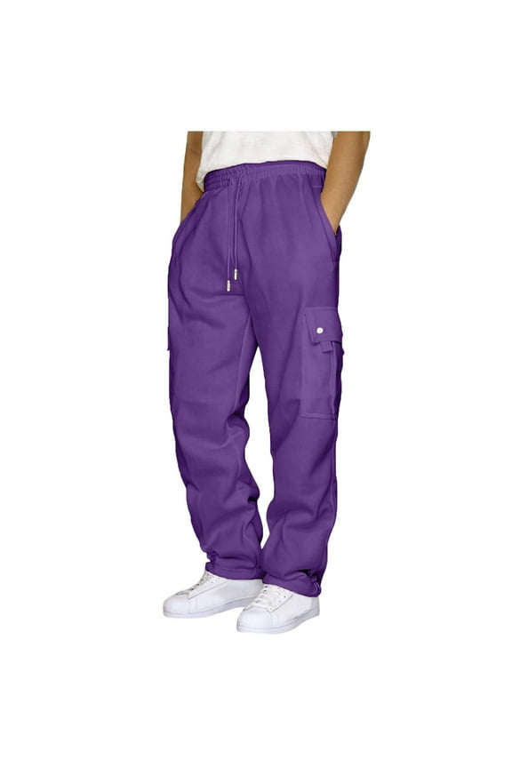 $15 & under Men's Loose Fit Multi-Pocket Straight Leg Cargo Pants with Drawstring Solid Color Trousers Purple 12