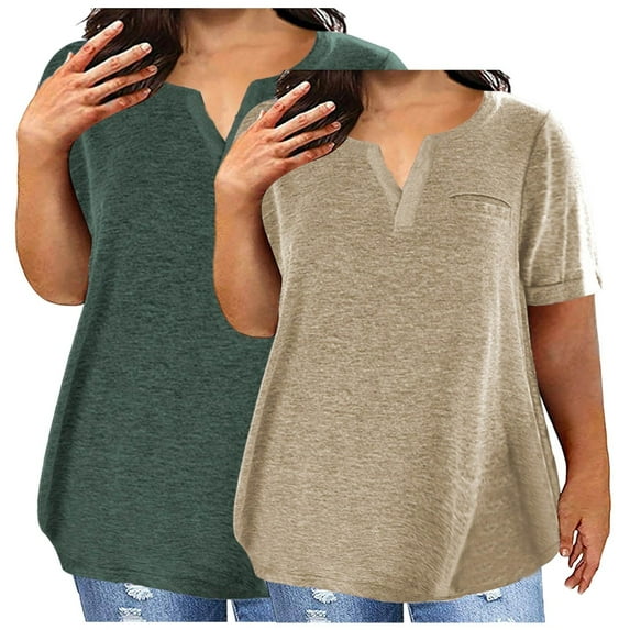Olyvenn 2 Pack Plus Size Tops for Women 2025 V Neck Short Sleeve Tunic Shirts Summer Blouse Shirts Loose Fit Soft Cozy Pullover Tshirts Khaki XXXL