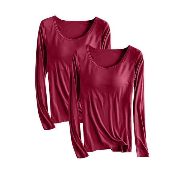 Olyvenn 2 Pack Women 's Modal T Shirt Bra Long Sleeve Pajama Yoga Top Padded Casual Top Tee Shirt with Built in Bra Basic T-Shirts Wine 14