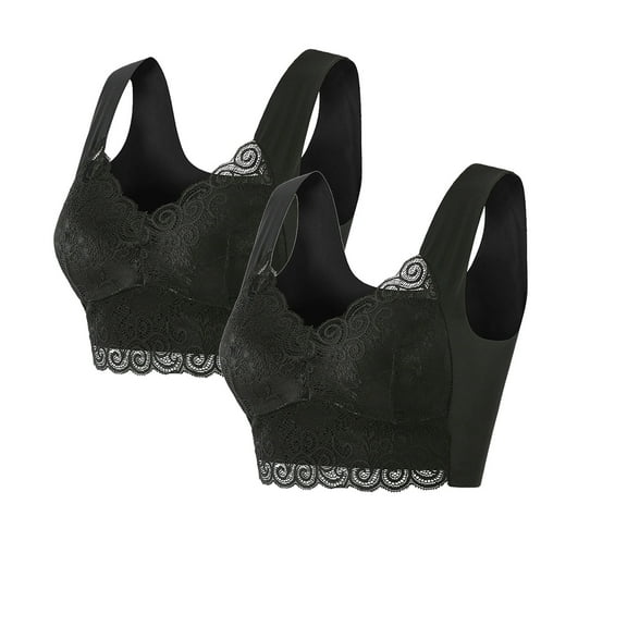 Olyvenn 2 Pack Women's Plus Size Lace Bra Comfortable Wireless Full Coverage Bralettes Push Up Padded Everyday Bras Black XXL