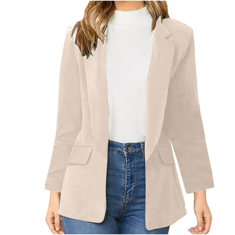 Olyvenn 2022 Women Business Attire Solid Color Long Sleeve Cardigan Women  Tops Plus Size Loose Casual Top Jacket Coat Beige XL 
