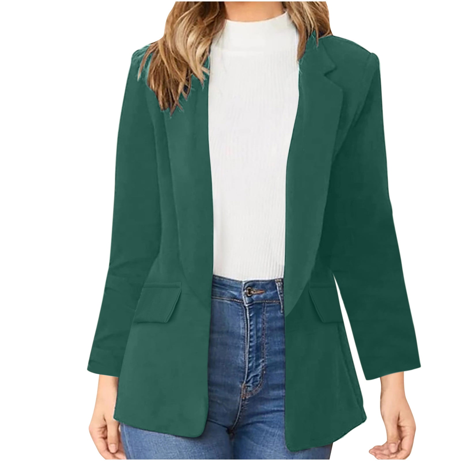 Olyvenn 2022 Women Business Attire Solid Color Long Sleeve Cardigan Women Tops  Plus Size Loose Casual Top Jacket Coat Green XL 