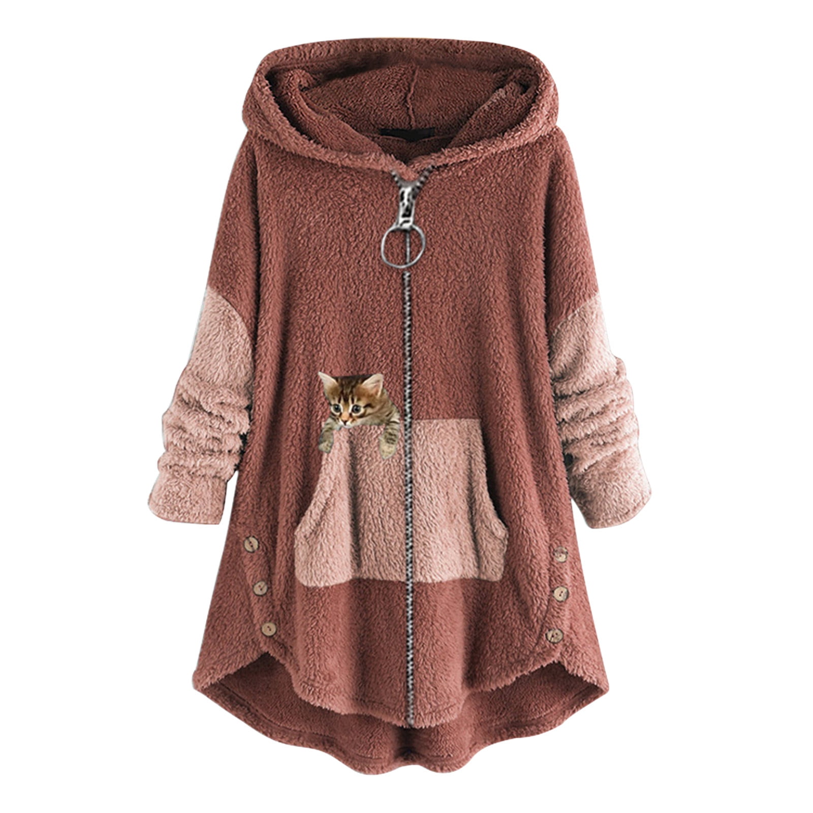 Olyvenn 2023 Trendy Women Plus Size Casual Pockets High Low Long Sleeve  Hooded Coat Tops Cold Weather Thicken Furry Lined Thermal Down Jackets Pink  16 