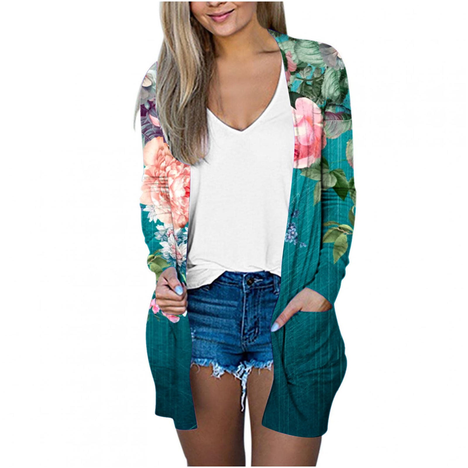 Olyvenn 2023 Trendy Women's Printing Long Sleeve Casual Tops Blouse With  Pocket Cardigan Outwear Lightweight Open Front Soft Drape Fall Cardigan  Green