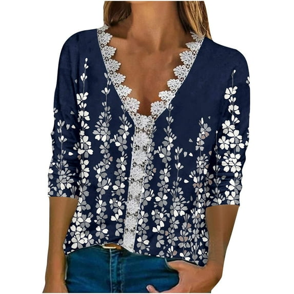 Olyvenn 2024 Lace Plunge V Neck Three Quarter Seeves T Shirts Womens Tops Plus Size Loose Fit Casual Womens's Fashion Solid Blouse Tops Dark Blue 8