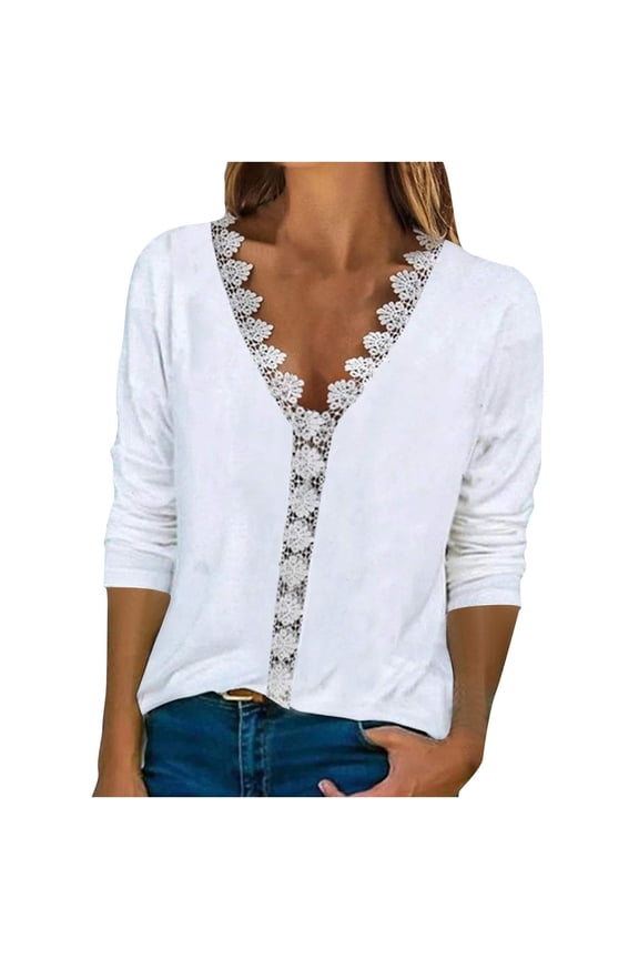 2024 Lace Plunge V Neck Three Quarter Seeves T Shirts Womens Tops Plus Size Loose Fit Casual Womens's Fashion Solid Blouse Tops White 8