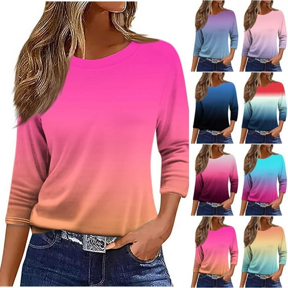 Olyvenn 2025 3/4 Sleeve Shirts Womens Dressy Casual Round Neck Tunic Tops Loose Fit Basic Tees Blouses Fall Fashion Pullover Dark Blue M