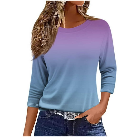 Olyvenn 2025 3/4 Sleeve Shirts Womens Dressy Casual Round Neck Tunic Tops Loose Fit Basic Tees Blouses Fall Fashion Pullover Navy S