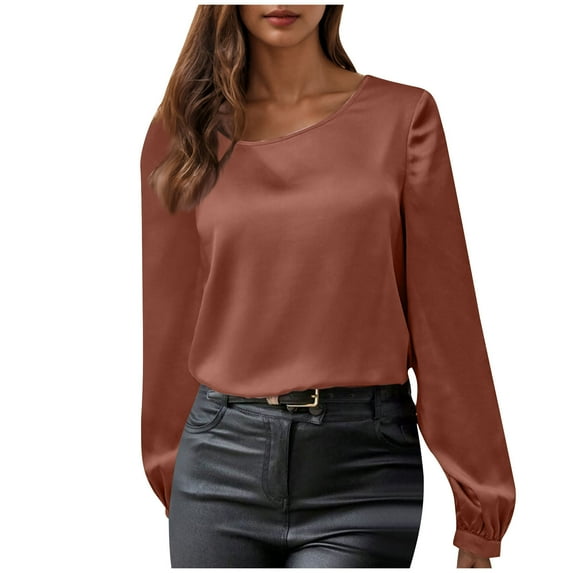 Olyvenn 2025 Fall Women Tops Puff Long Sleeve Chiffon Work Blouses Dressy Casual Crewneck Flowy Shirts Tees Tunics Brown L