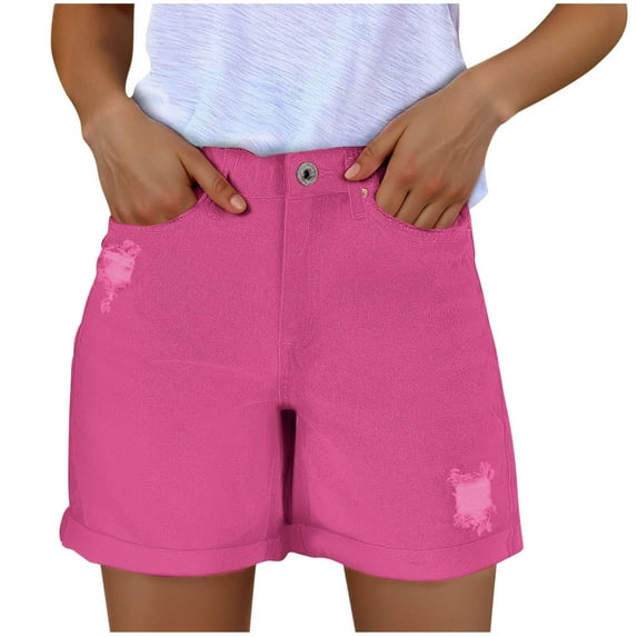 Olyvenn 2025 Jean Shorts for Women Casual Stretchy Denim Summer Hot Short Mid Waisted Ripped Jean Shorts with Pockets Hot Pink XL