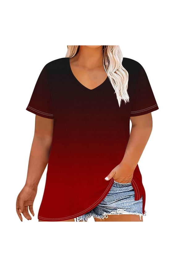 2025 Oversized T Shirts Women's Plus Size Tees Casual Short Sleeve V Neck Gradient Shirt Summer Loose Comfy Basic Tunic Tops Navy XXL