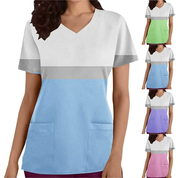 Olyvenn 2025 Scrub Tops for Women Casual Color Blocked Bloues Summer V-Neck Scrub Tops Short-Sleeved Nurse Tops with Pockets Green XXL