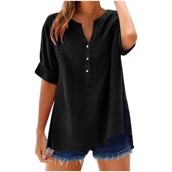 Olyvenn 2025 Summer Linen Tops for Women Trendy Roll Up Short Sleeve Tshirts Workout Button Down Plus Size Cotton Linen Shirt Black XXXL