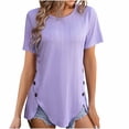 thumbnail image 1 of Olyvenn 2025 Summer New Women's Round Neck Jacquard Tops Irregular Hem Blouse Short Sleeve Buttons Casual T-shirt Purple XL, 1 of 7