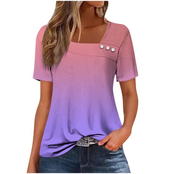 Olyvenn 2025 Summer Square Neck Tops for Women Trendy Gradient Print Short Sleeve Boho Tshirt Casual Loose Fit Button Blouses Hot Pink L