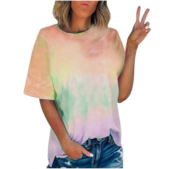 Olyvenn 2025 Summer Tie Dye Shirts for Womens Plus Size Short Sleeve Tops Fashion Gradient Graphic Tee Club Party Blouse Orange XXXL