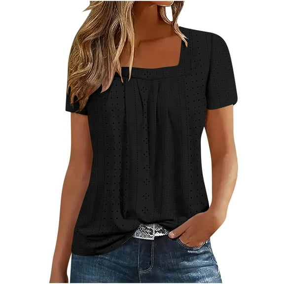 Olyvenn 2025 Summer Tops for Women Trendy Short Sleeve Eyelet Square Neck Tshirt Casual Loose Fit Tees Shirts Tunic Blouses Black L