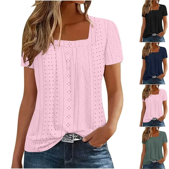Olyvenn 2025 Summer Tops for Women Trendy Short Sleeve Eyelet Square Neck Tshirt Casual Loose Fit Tees Shirts Tunic Blouses Navy L