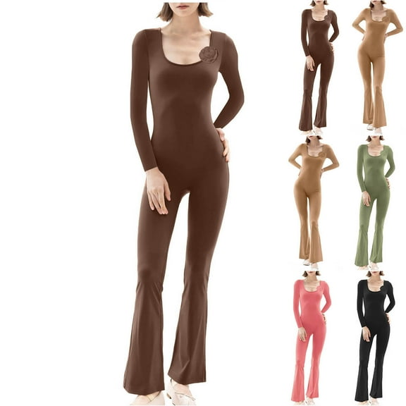 Olyvenn 2025 Women's Workout Jumpsuit Scoop Neck Yoga Romper Flare Legging Slim Fit Bodysuit Long Sleeve One Piece Apparel Army Green 6