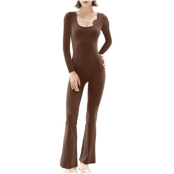 Olyvenn 2025 Women's Workout Jumpsuit Scoop Neck Yoga Romper Flare Legging Slim Fit Bodysuit Long Sleeve One Piece Apparel Brown 4