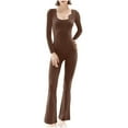 thumbnail image 1 of Olyvenn 2025 Women's Workout Jumpsuit Scoop Neck Yoga Romper Flare Legging Slim Fit Bodysuit Long Sleeve One Piece Apparel Brown 8, 1 of 5