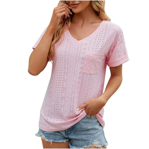 Olyvenn 2025 Womens Tops V Neck Eyelet T Shirts Dressy Casual Summer Shirts Fashion Loose Blouses Lightweight Cute Tunic Tees Pink 12