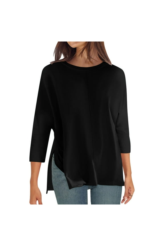 3/4 Length Sleeve Tops for Women Split Side Basic Solid Loose Crewneck Blouse Casual Comfy Tunic Shirts Black XXL