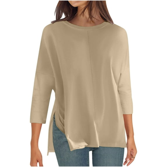 Olyvenn 3/4 Length Sleeve Tops for Women Split Side Basic Solid Loose Crewneck Blouse Casual Comfy Tunic Shirts Khaki S