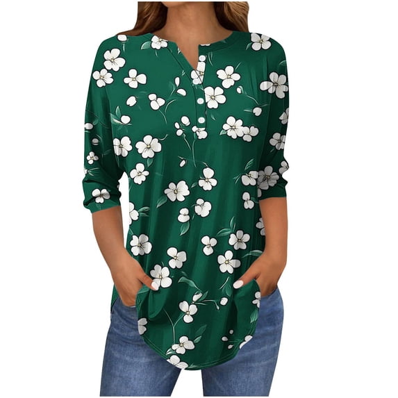 Olyvenn 3/4 Length Sleeve Womens Casual 3/4 Sleeve Shirts Button Crew Neck Loose Casual Blouses Floral Print Tshirts Multicolor XXL