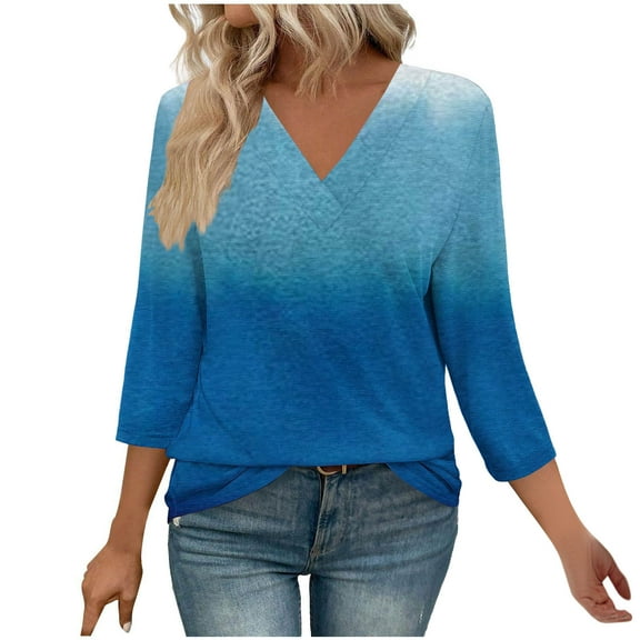 Olyvenn 3/4 Length Sleeve Womens Gradient Tops V Neck 2025 Summer Casual Tunic Tops Basic Shirts Loose Fit Blouse Blue M