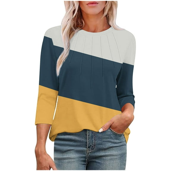 Olyvenn 3/4 Length Sleeve Womens Tops 2025 Crewneck Casual Dressy Work Blouses Color Block Pleated Shirt Summer Tunic Tops Orange L
