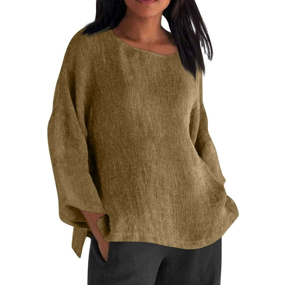 Olyvenn 3/4 Length Sleeve Womens Tops 2025 Fall Crewneck Going Out Blouse Cotton Linen Casual Three Quarter Sleeve Shirts Brown S