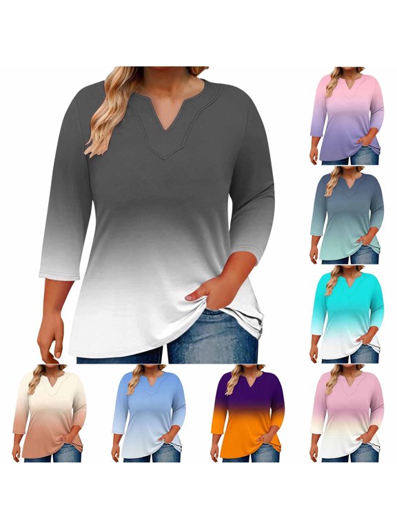 3/4 Length Sleeve Womens Tops Plus Size Summer Notched V-Neck Oversized Tshirts Gradient Color Blouses Oversized Tops Beige L