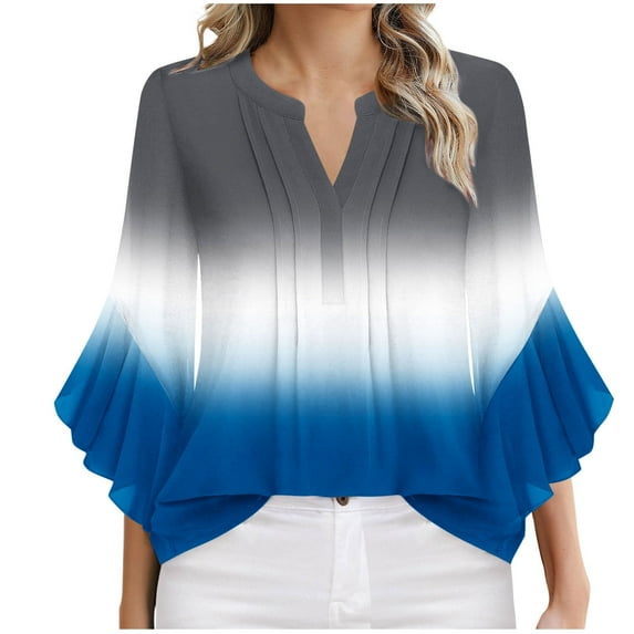 Olyvenn 3/4 Length Sleeve Womens Tops V Neck Spring Shirts 2025 Flared Sleeve Dressy Casual Gradient Color Blouses Cute Tee Shirt Blue M