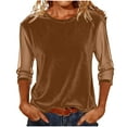 thumbnail image 1 of Olyvenn 3/4 Long Sleeve Mesh Velvet Shirts for Women Dressy Loose Crewneck Office Blouses Elegant Business Casual Party Tops Khaki M, 1 of 5