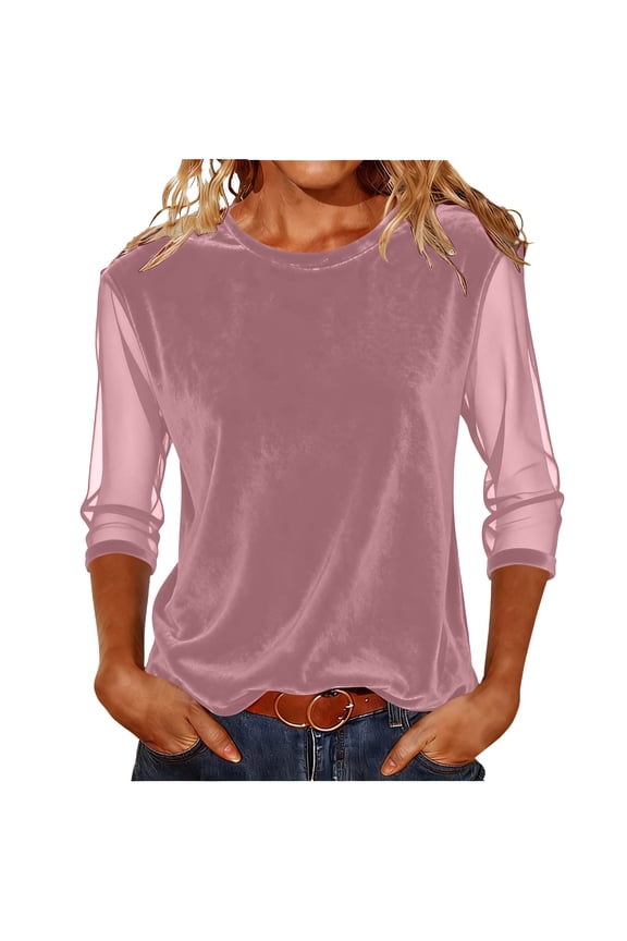 3/4 Long Sleeve Mesh Velvet Shirts for Women Dressy Loose Crewneck Office Blouses Elegant Business Casual Party Tops Pink XXL