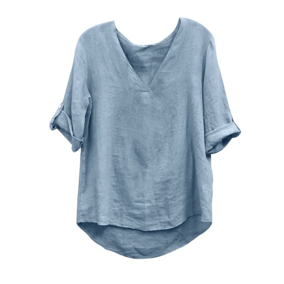 Olyvenn 3/4 Sleeve Cotton Linen Shirts for Womens Vintage V Neck Casual Loose Fit 2025 Summer Tunic Tops Blouse Blue XL